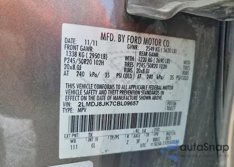 2012 Lincoln Mkx z USA, uszkodzony, nr VIN 2LMDJ8JK7CBL09657